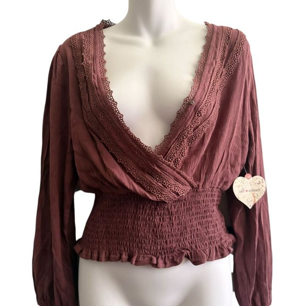 NWT Self Esteem Boho Blouse | Lace Trim Smocked Waist Top | Size M - Picture 6 of 12